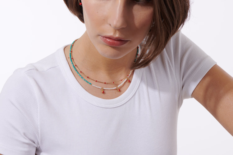 Collier Turquoise & Nacre gouttes Corail